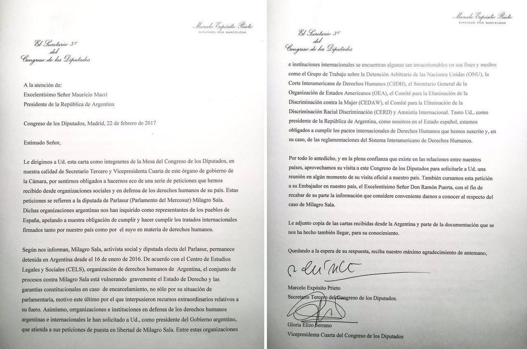 Carta entregada por Podemos a Mauricio Macri.