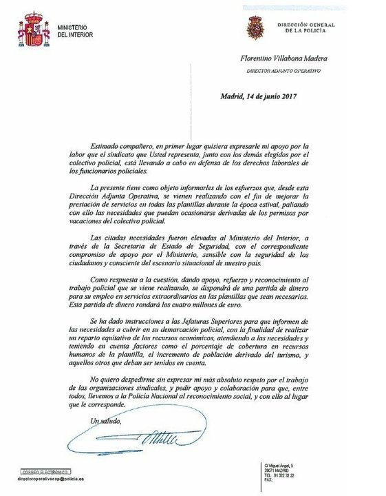 Carta del Director Adjunto Operativo de la Policía Nacional sobre el despliegue de verano.